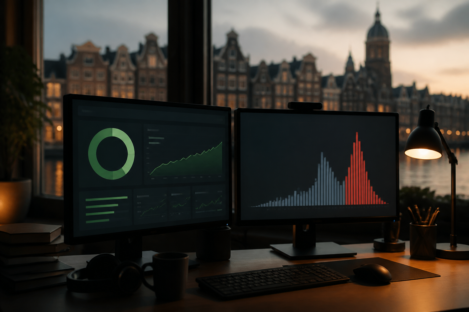 Developer workstation showing two browser windows side by side, one displaying a green PageSpeed score and the other showing a Chrome UX Report histogram with a large red poor-experience bar, warm lamp light, Amsterdam canal at dusk through office window