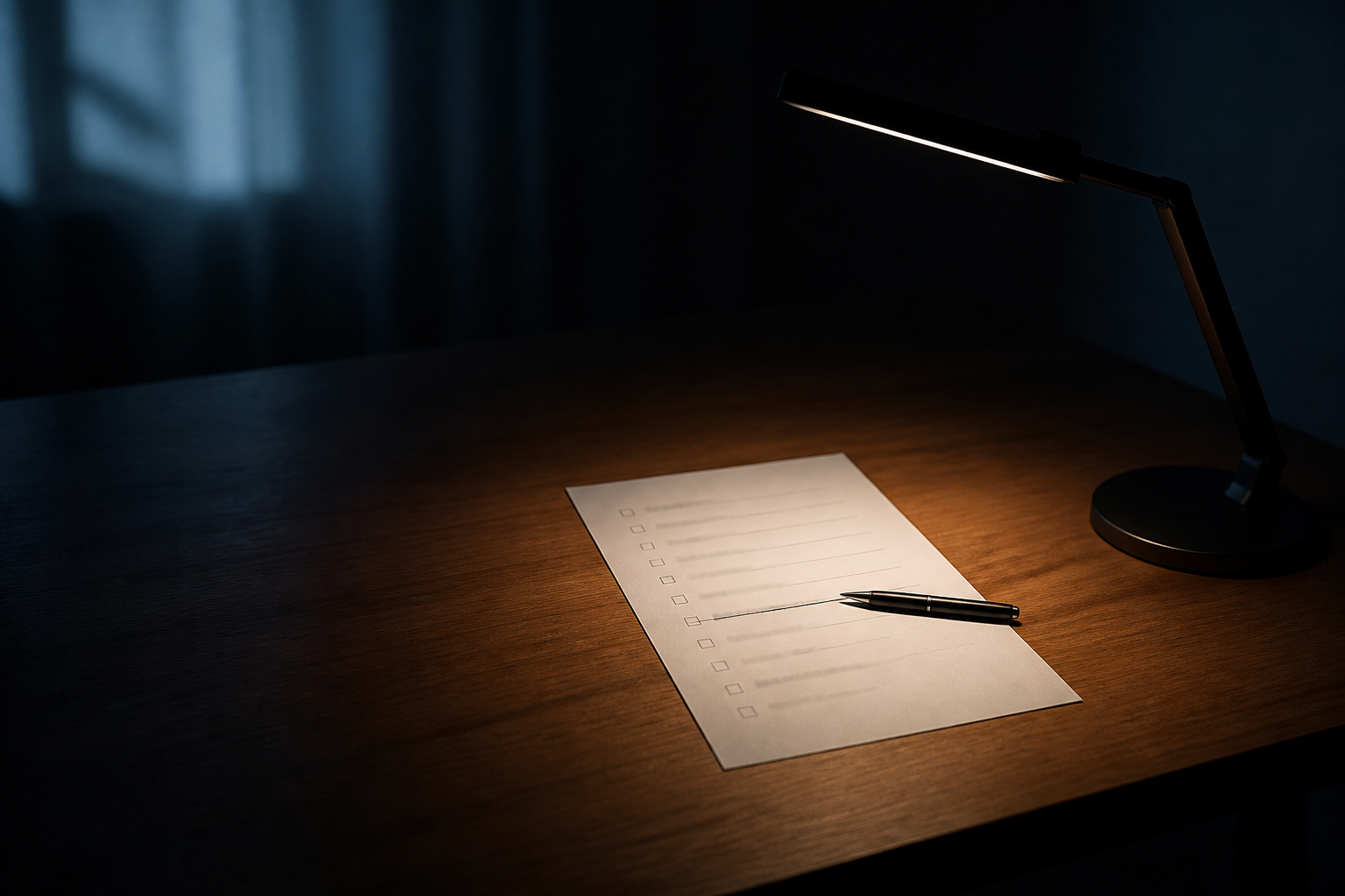 A single printed workflow checklist on a minimal desk, with one item visibly crossed out in pen, under a focused lamp, surrounded by shadow